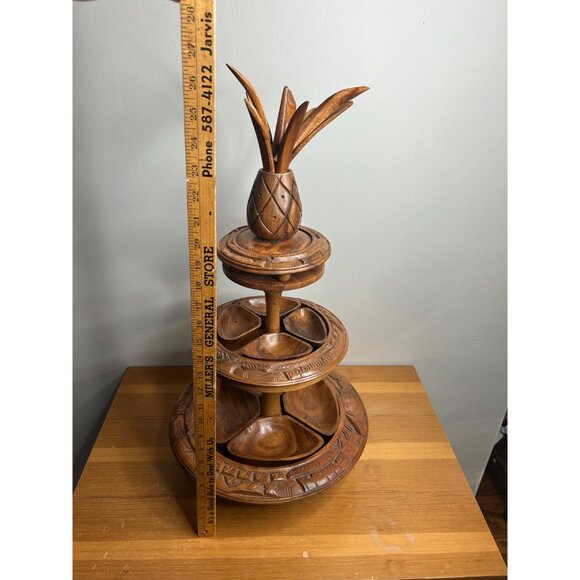 3 tired lazy Susan MCM mid century modern wooden hand carved money pod pineapple - Picture 8 of 9